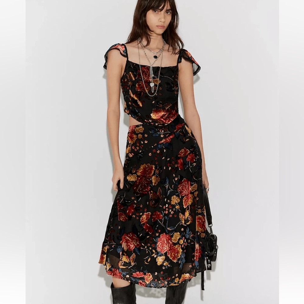 Free People Midi Skirt Set Floral Butterfly Velvet Appliqué XS/S